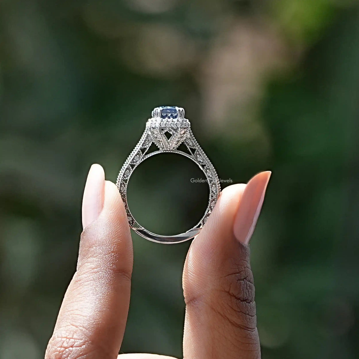 Criss Cut Sapphire Blue Moissanite Double Halo Ring