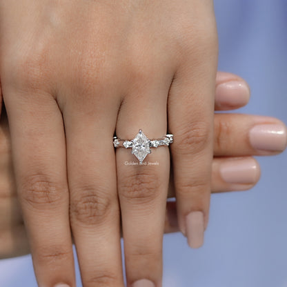 View of solitaire Dutch Marquise Cut Ring in prongs setting 