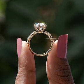 Back View of Marquise Cut Lab Diamond Accent Ring In two fingers