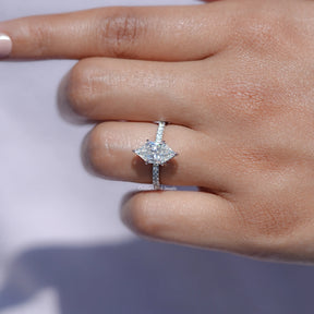 Close view of Dutch Marquise Shaped Solitaire Moissanite Ring