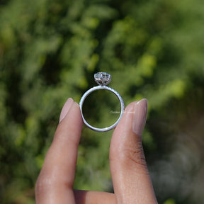 Back view of Dutch Marquise Shaped Solitaire Moissanite Ring Set in secure setting 