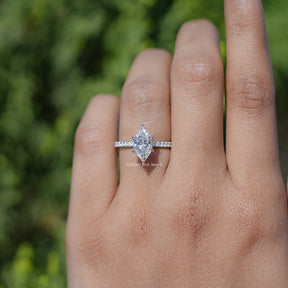 In finger view of Dutch Marquise Shaped Solitaire Moissanite Ring