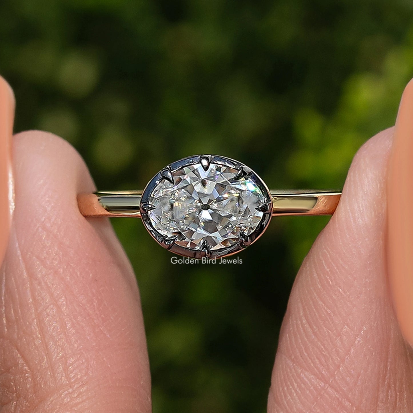East West Old Mine Oval Cut Moissanite Solitaire Ring