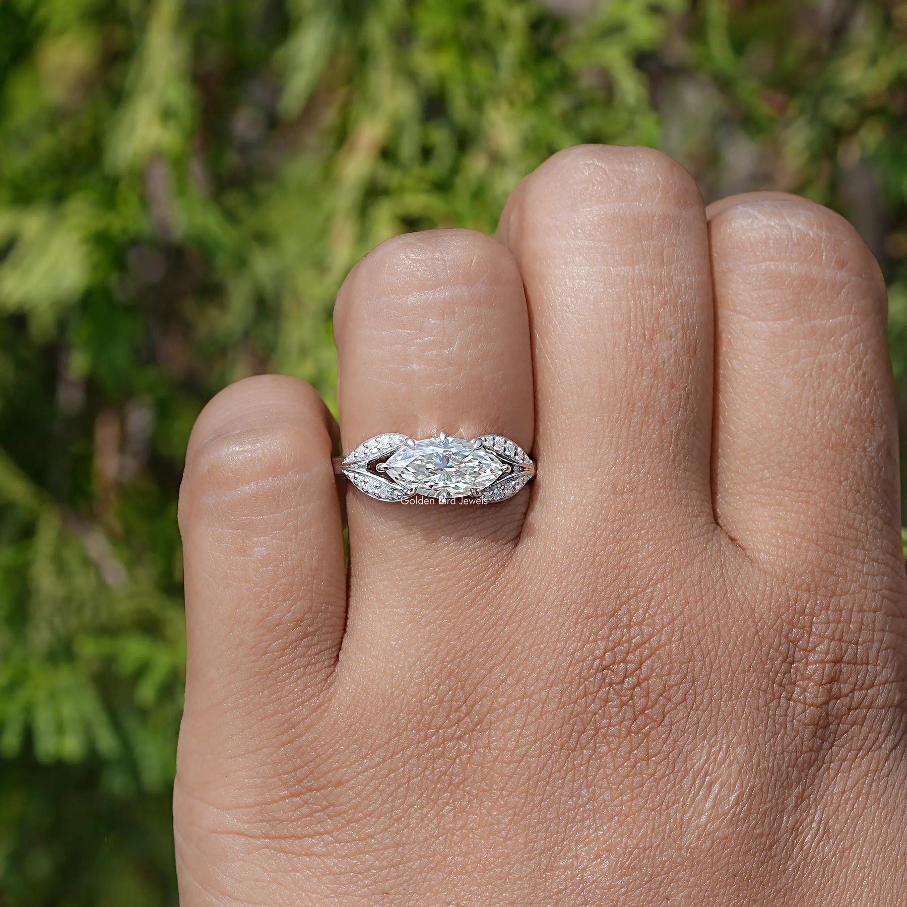 East West Marquise Moissanite Split Shank Ring