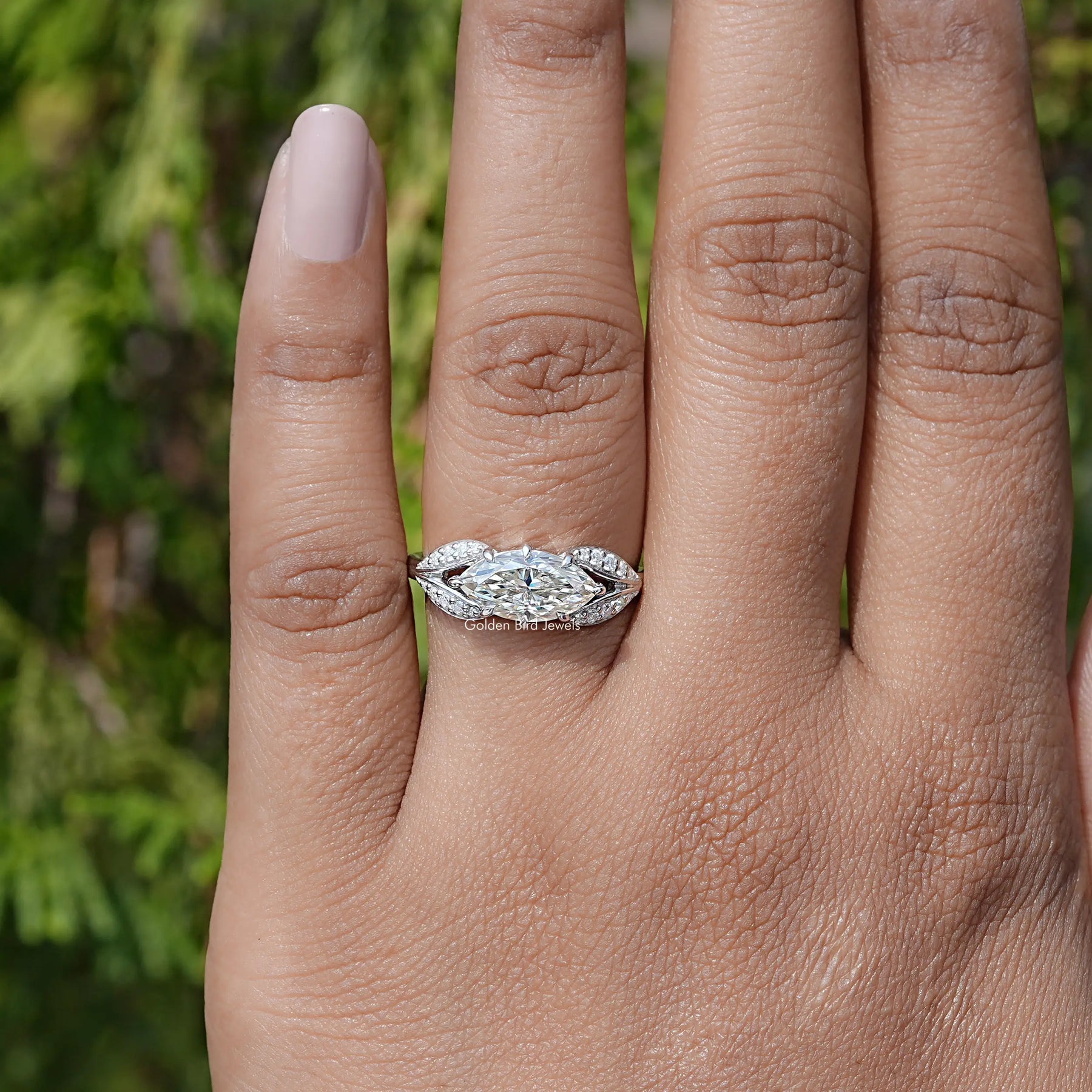 East West Marquise Moissanite Split Shank Ring