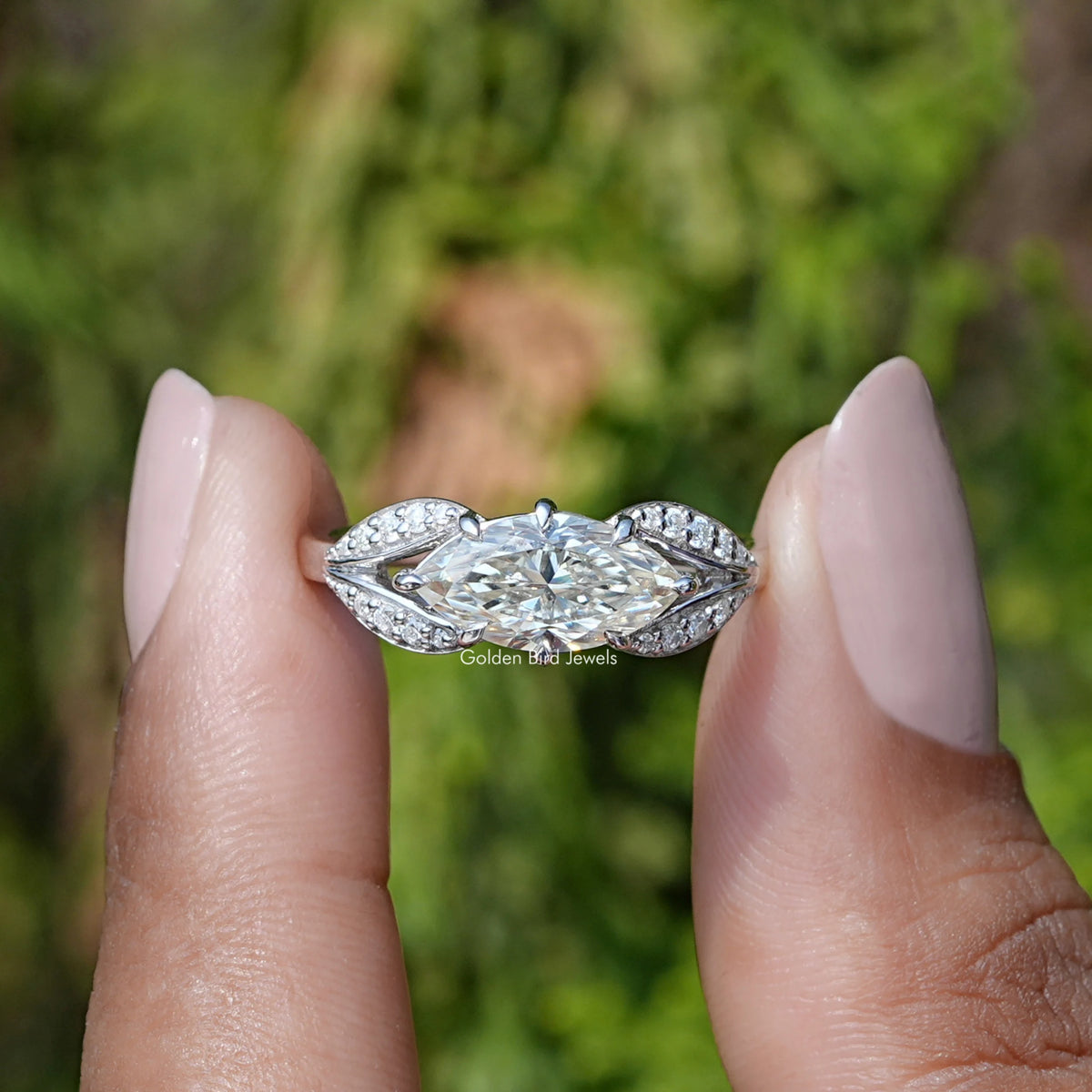 East West Marquise Moissanite Split Shank Ring