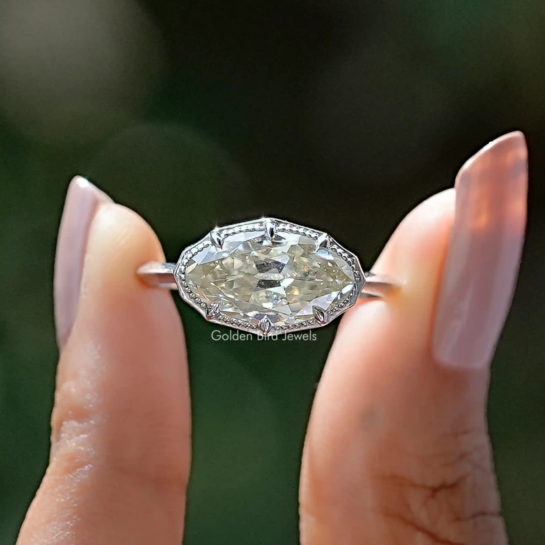 [East West Old Mine Moval Cut Moissanite Ring]-[Golden Bird Jewels]