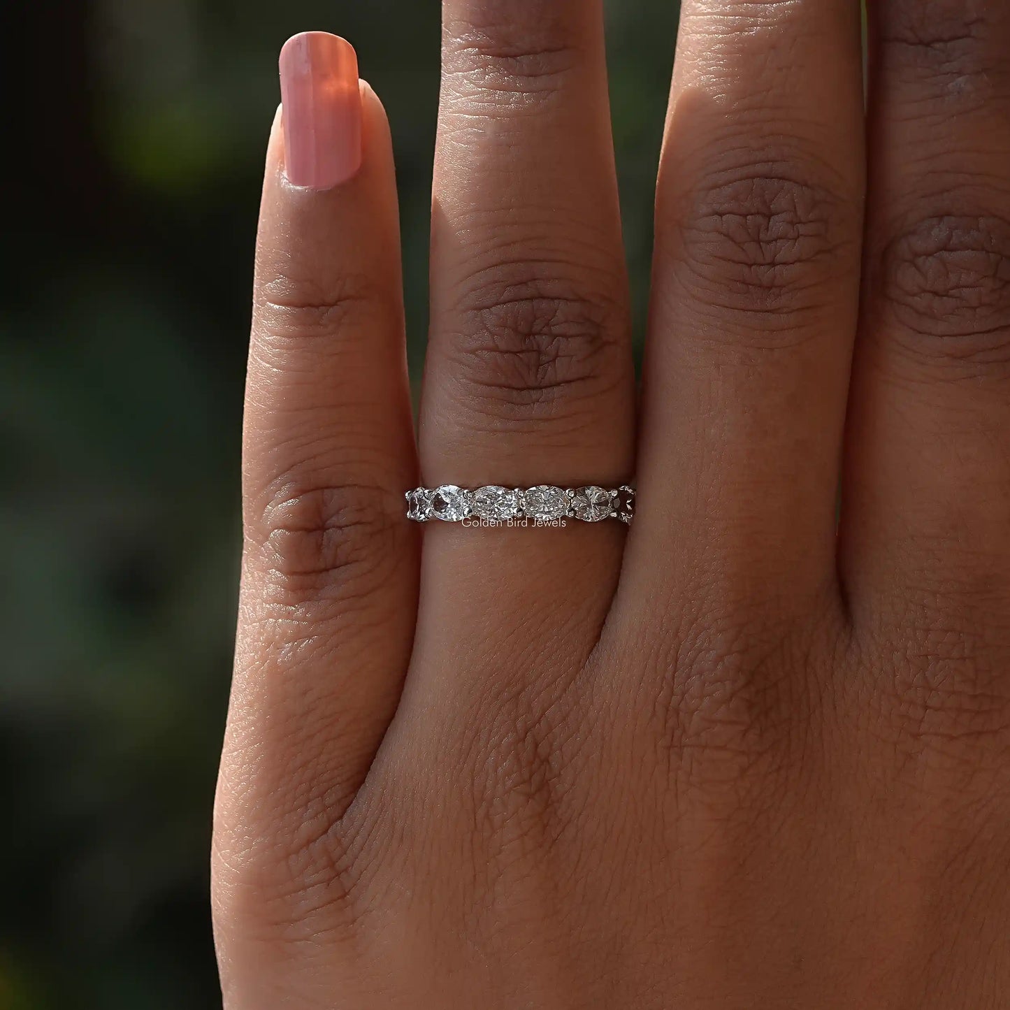 View of Oval Cut Lab Diamond Eternity Wedding Band In White Gold
