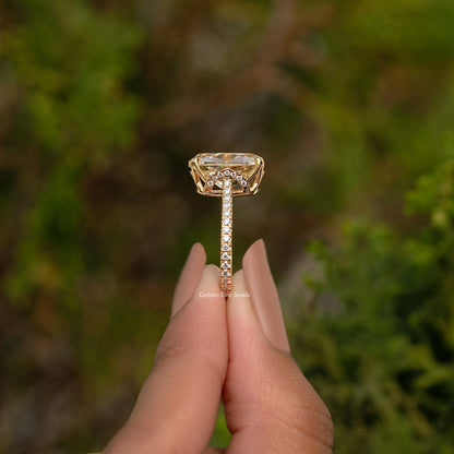 Elongated Old Mine Cushion Hidden Halo Moissanite Engagement Ring