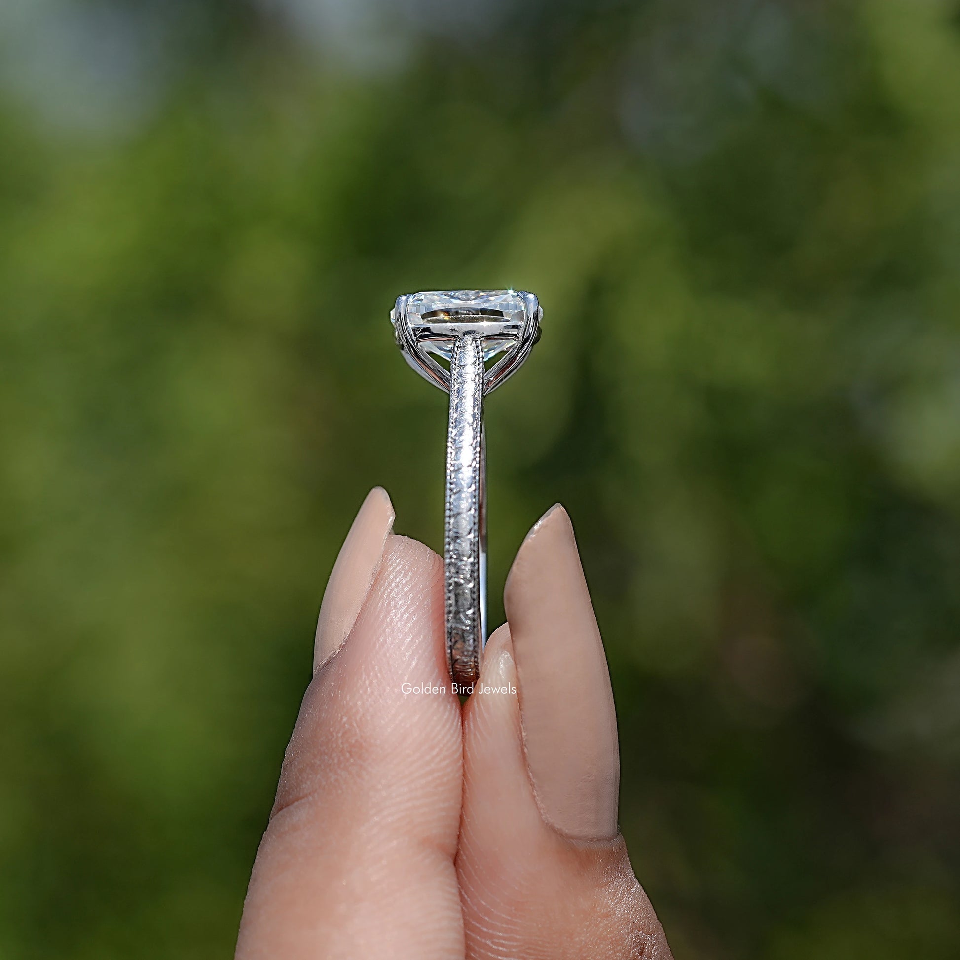 Side View of Elongated Cushion Cut Moissanite Ring