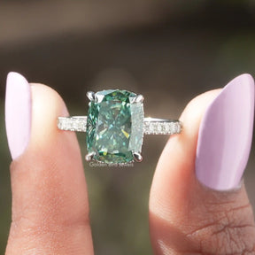 [Blue Green Cushion Cut Moissanite Hidden Halo Ring]-[Golden Bird Jewels]