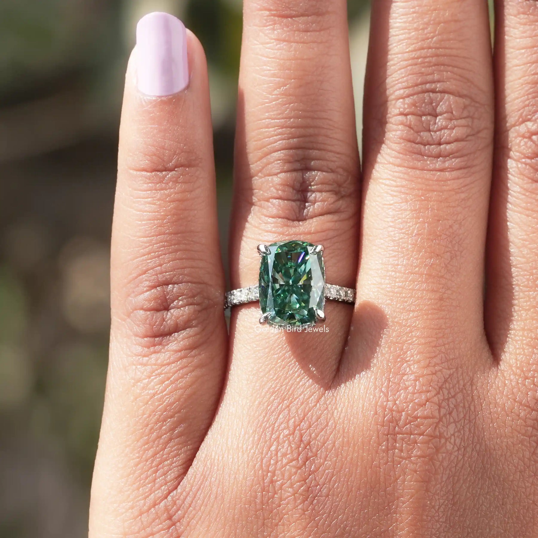 [Blue Green Cushion Cut Hidden Halo Ring]-[Golden Bird Jewels]