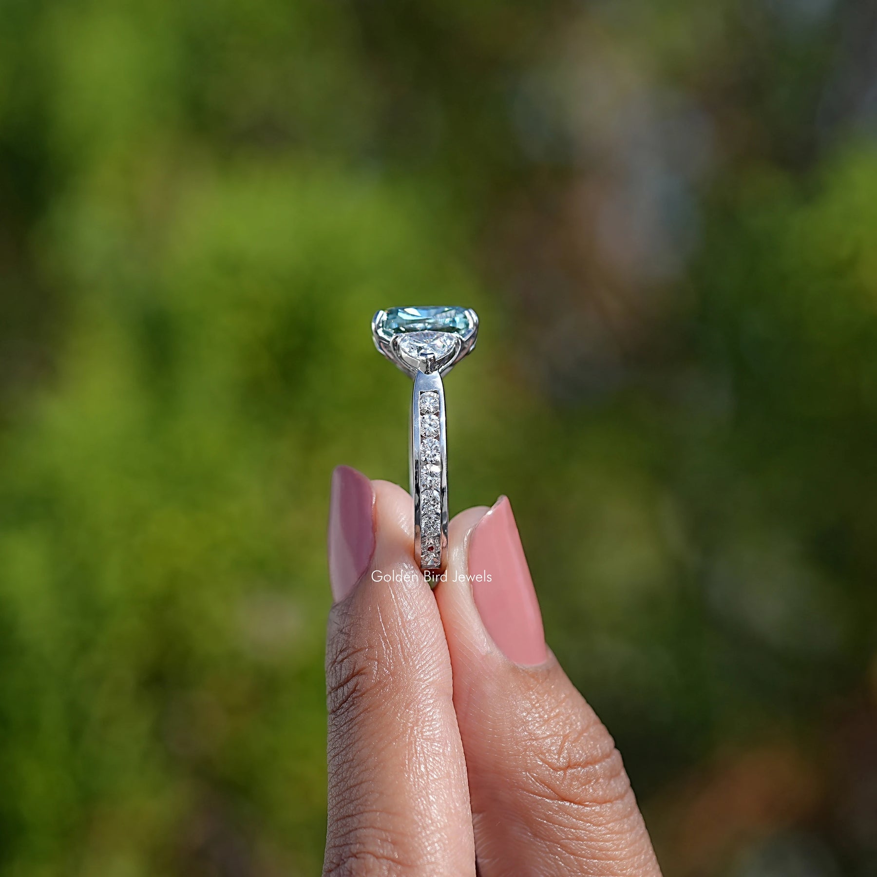 Side View Of Cushion Cut Moissanite Engagement Ring
