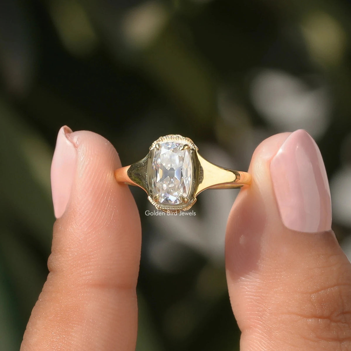 [Old Mine Cushion Cut Moissanite Engagement Ring]-[Golden Bird Jewels]