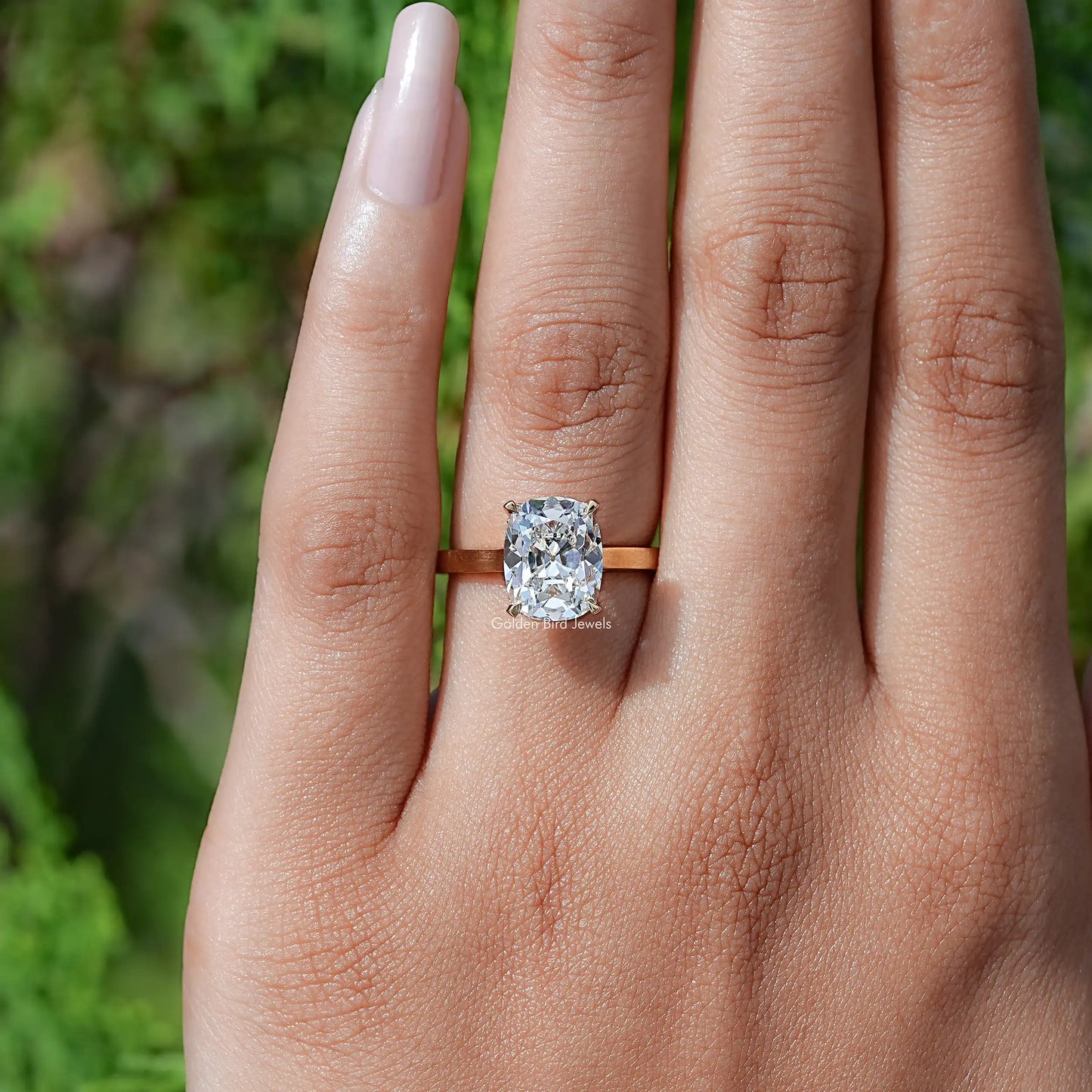 Close-Up View of Old Mine Cushion Cut Diamond Hidden Halo Ring In Yellow Gold 