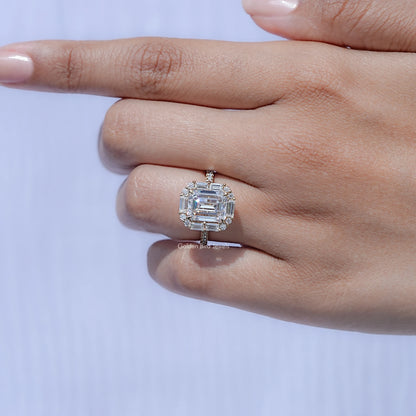 Emerald And Baguette Moissanite Halo Engagement Ring