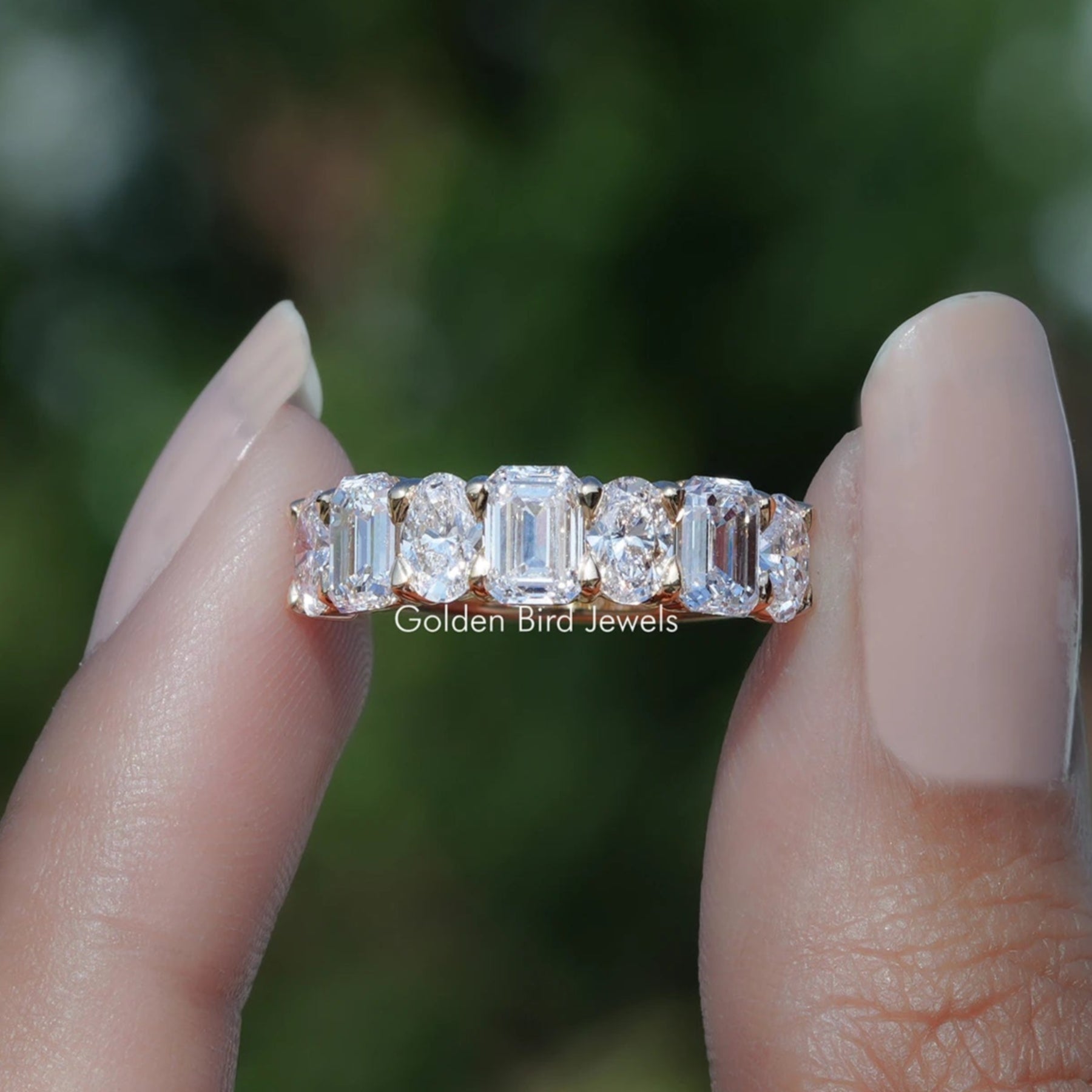 Emerald And Oval Lab Diamond Seven Stone Ring