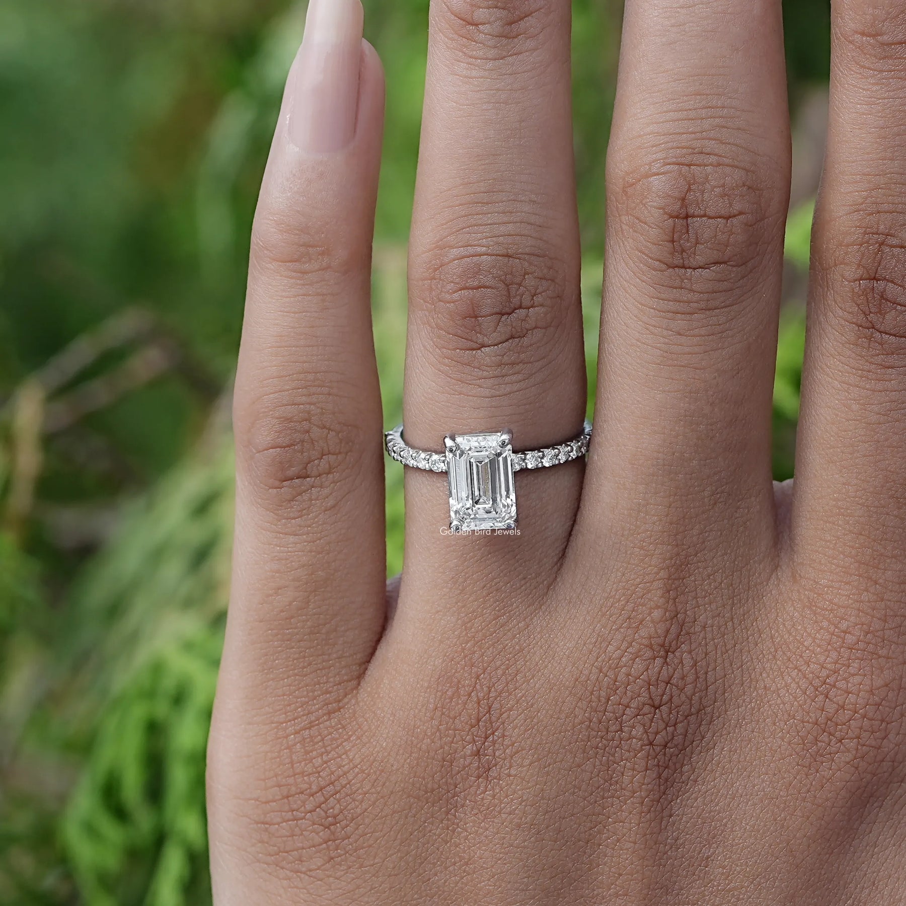 [White Gold Emerald Cut Lab Diamond Ring]-[Golden Bird Jewels]