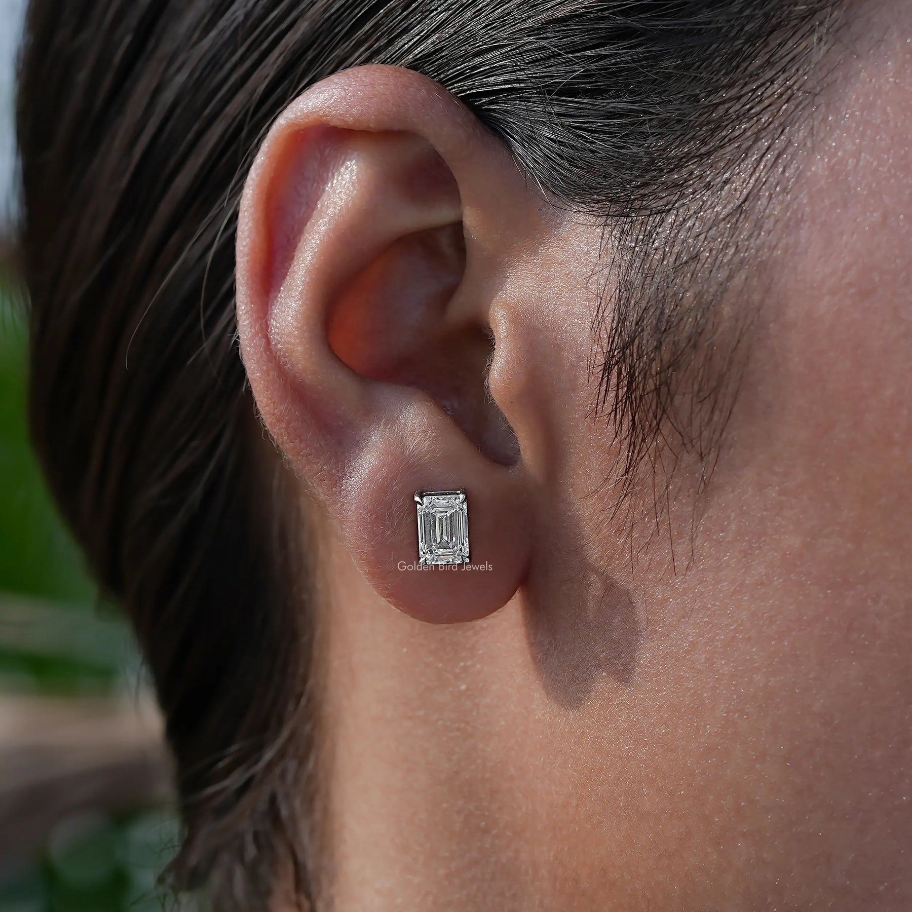 [Emerald Cut Diamond White Gold Stud Earrings]-[Golden Bird Jewels]