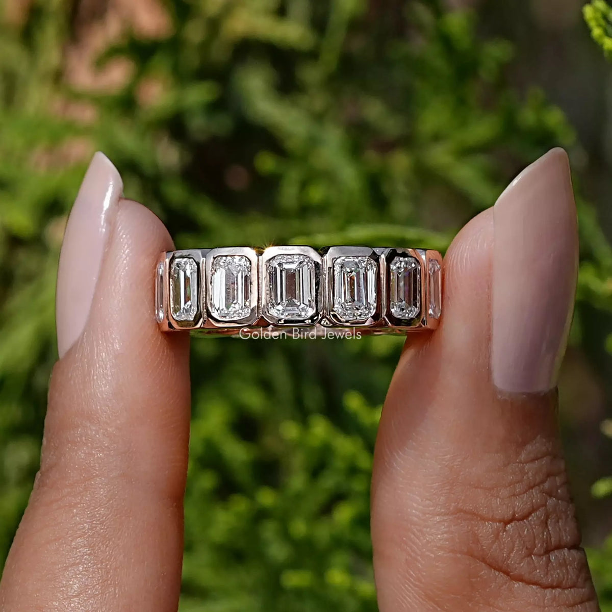 Emerald Cut Lab Diamond Bezel Set Eternity Band