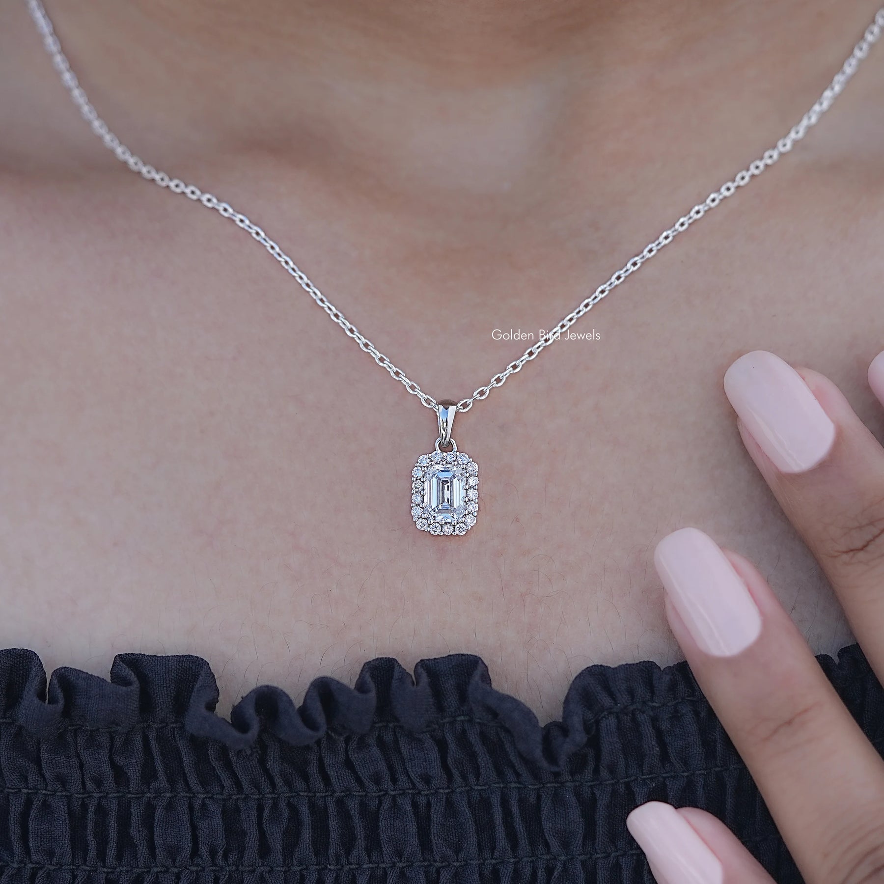 Detailed View of Halo Diamond Pendant in Emerald Cut