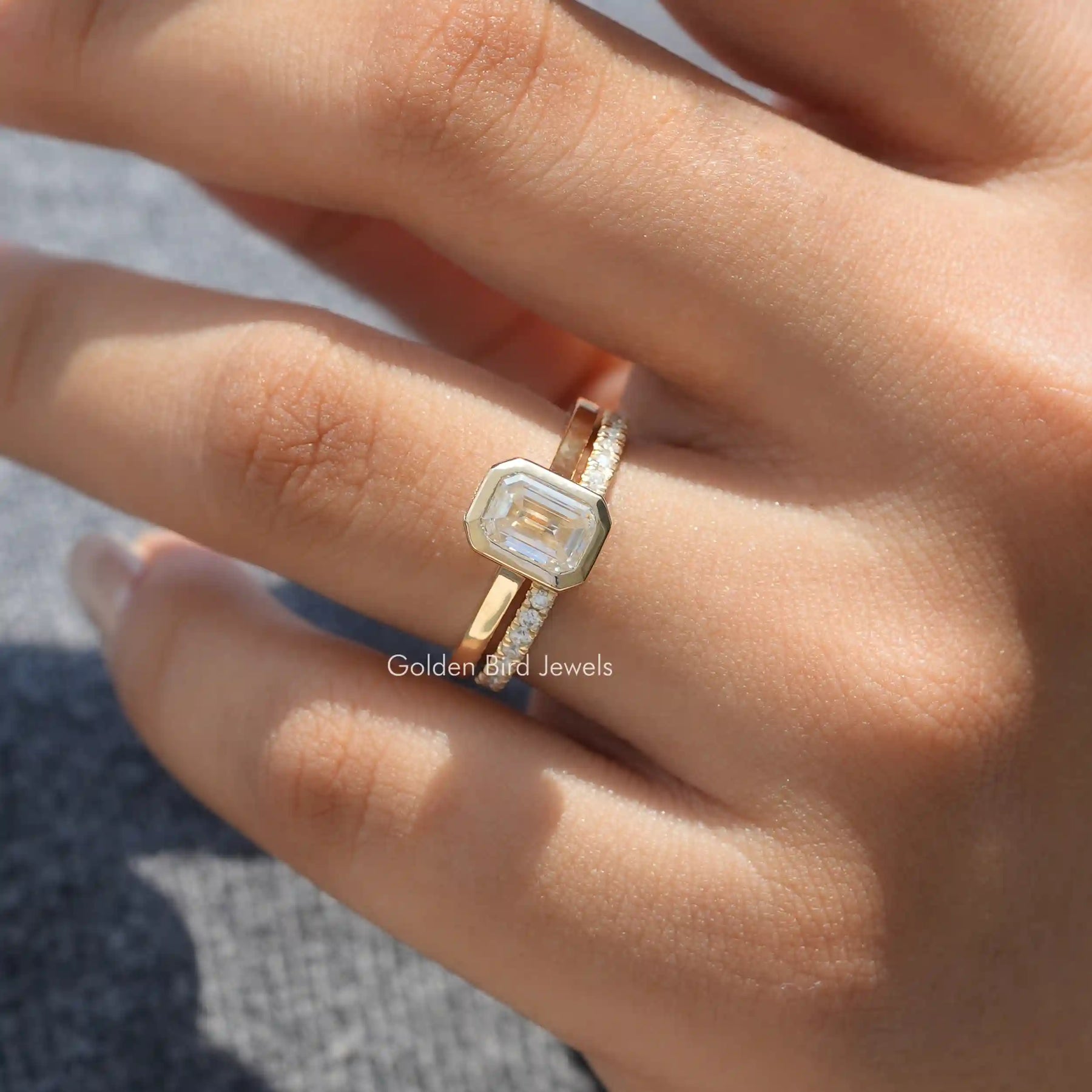 [Cathedral Set Emerald Cut Moissanite Ring]-[Golden Bird Jewels]