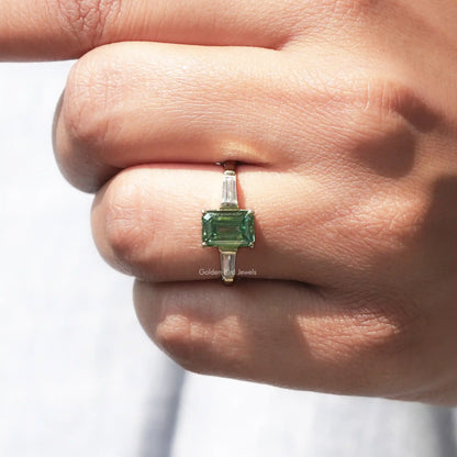 View of Green Emerald Cut Moissanite Ring In finger