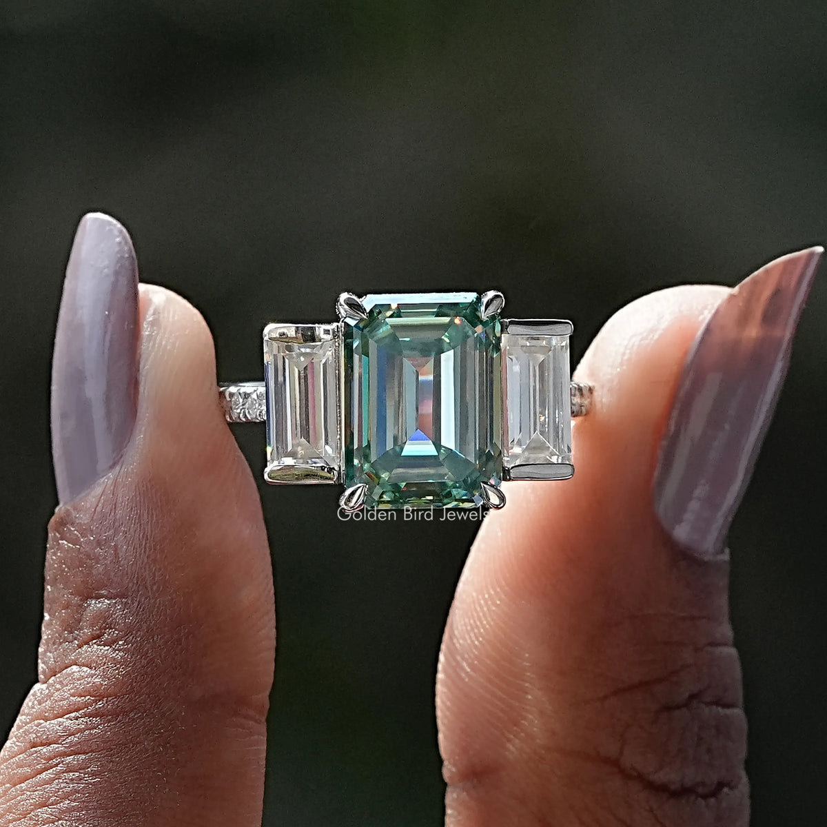 [Blue Green Emerald Cut Moissanite Ring]-[Golden Bird Jewels]