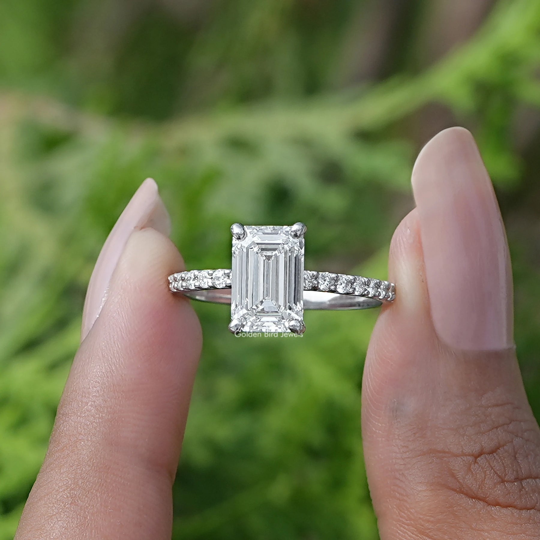 [Emerald Cut Solitaire Accent Lab Diamond Ring]-[Golden Bird Jewels]