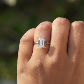 [White Gold Emerald Cut Diamond Engagement Ring]-[Golden Bird Jewels]