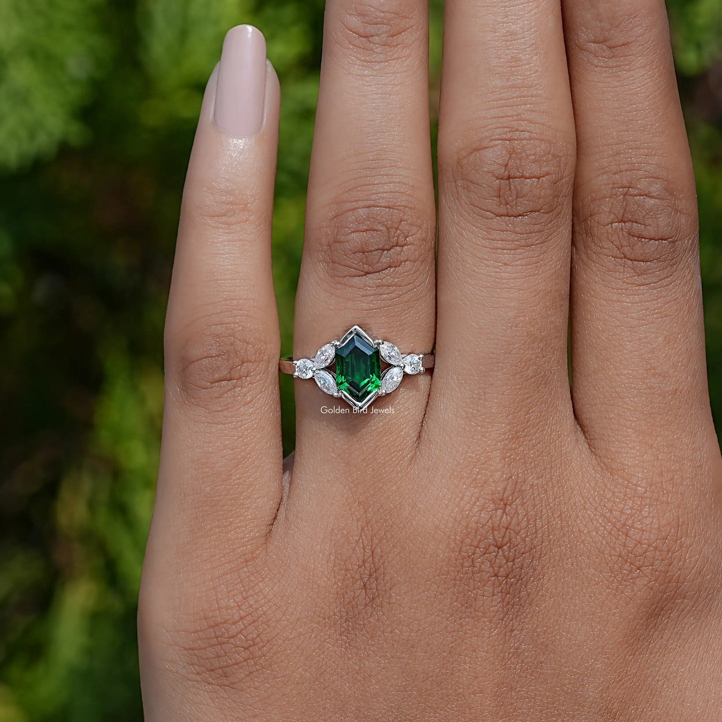 Green Hexagon Cut Gemstone Engagement Ring In White Gold