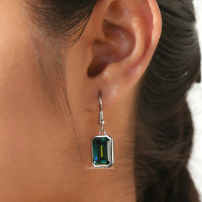 [White Gold Emerald Cut Dangle Drop Earrings]-[Golden Bird Jewels]