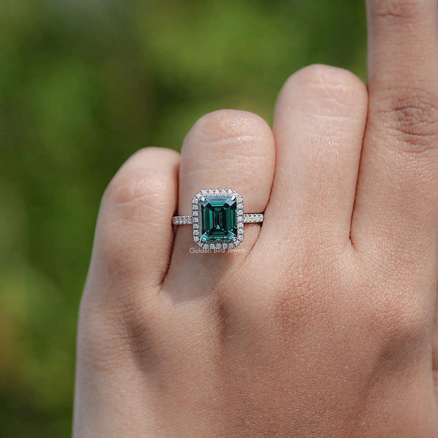 Emerald Moissanite Halo Accent Engagement Ring