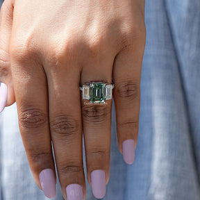 [Three Stone Emerald Cut White Gold Ring]-[Golden Bird Jewels]