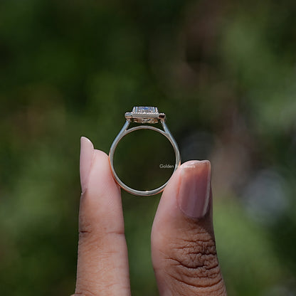 Back view of Emerald Shaped Solitaire Moissanite Ring Set in secure setting
