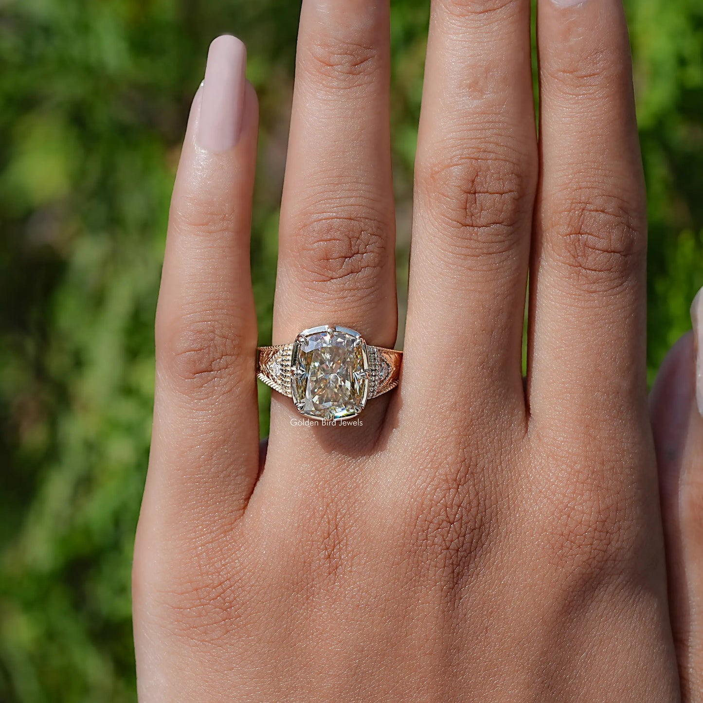 View of Filigree Yellow Elongated cushion Moissanite Ring  

