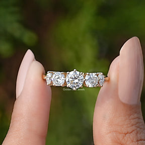 Front View of Five Stone Round Lab Diamond Accent Ring In two Fingers