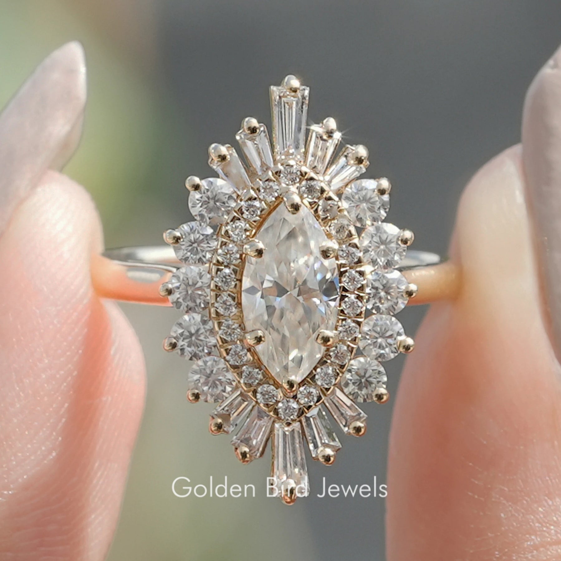 Marquise Cut Halo Moissanite Ballerina Ring