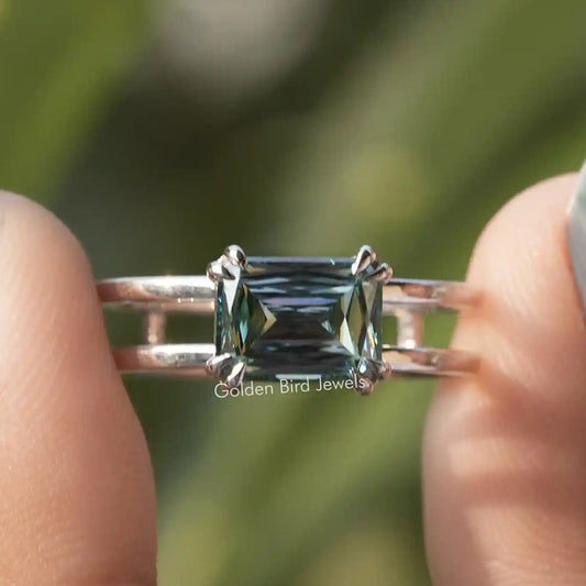 Blue Criss Cut Moissanite Solitaire Engagement Ring