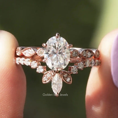 Oval Moissanite Bridal Ring With Chevron Band
