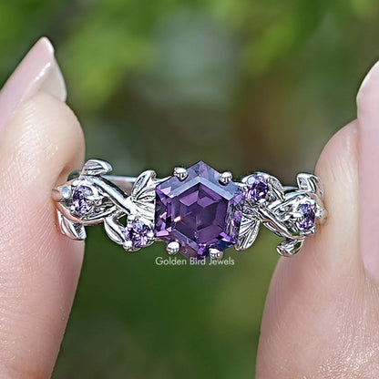 Purple Amethyst Hexagon Cut Leaf Engagement Ring