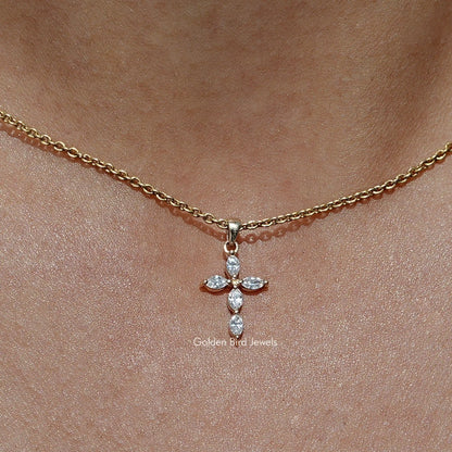 Close up view Marquise Cut Lab Diamond Cross Pendant