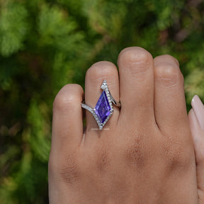 Purple Amethyst Kite Gemstone Halo Accent Ring