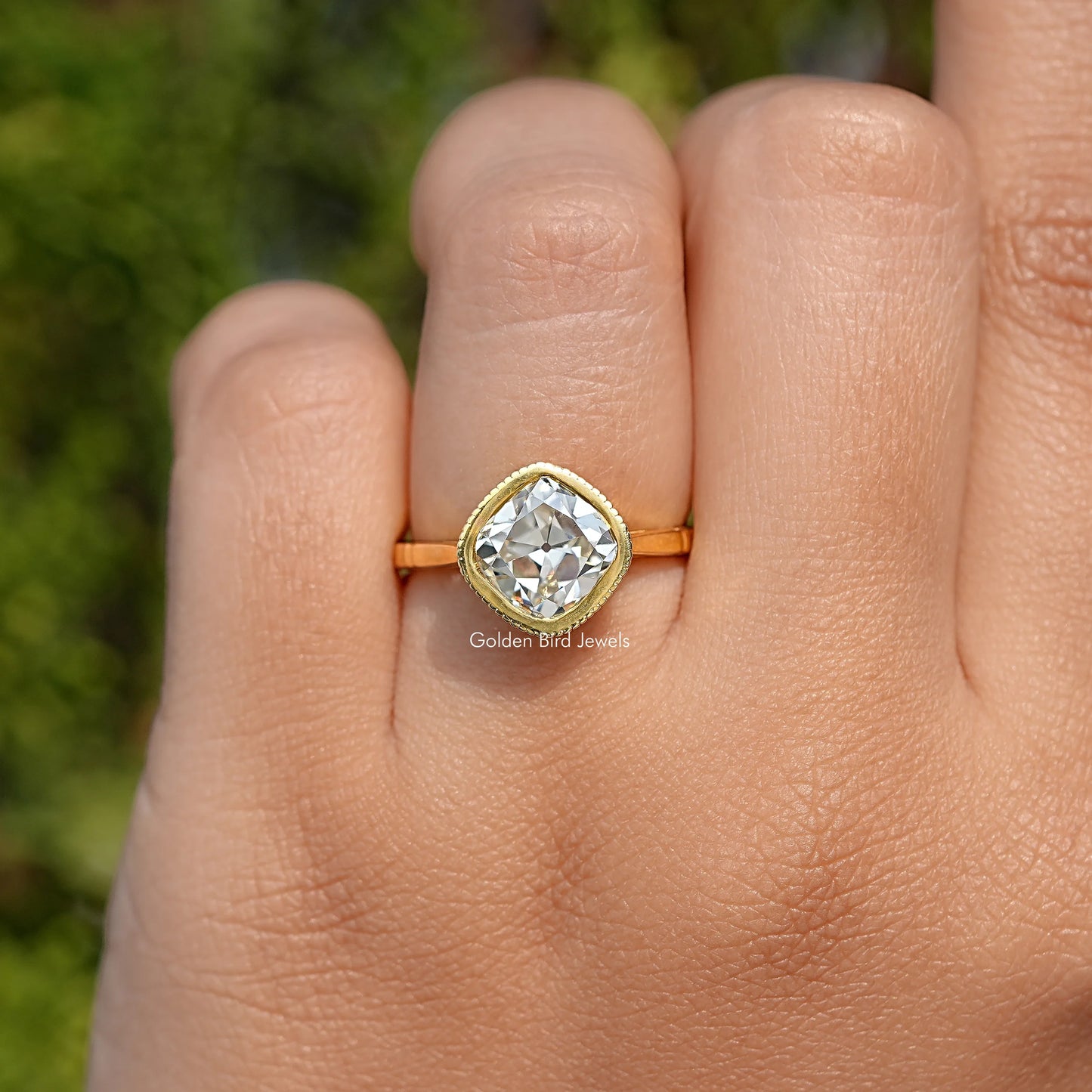 Old Mine Cushion Cut Bezel Set Solitaire Ring