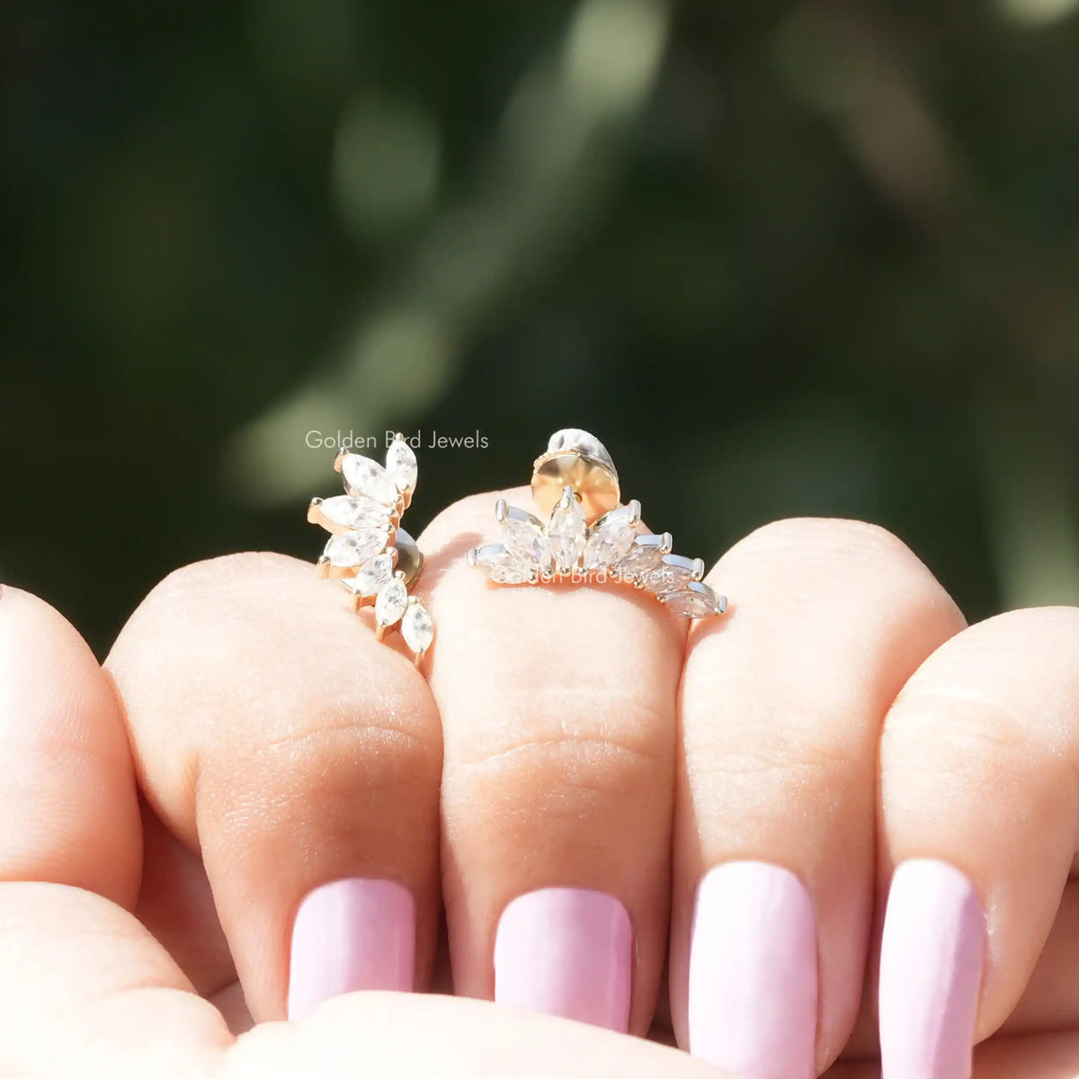 [Front view of marquise cut moissanite stud earrings made of yellow gold]-[Golden Bird Jewels]