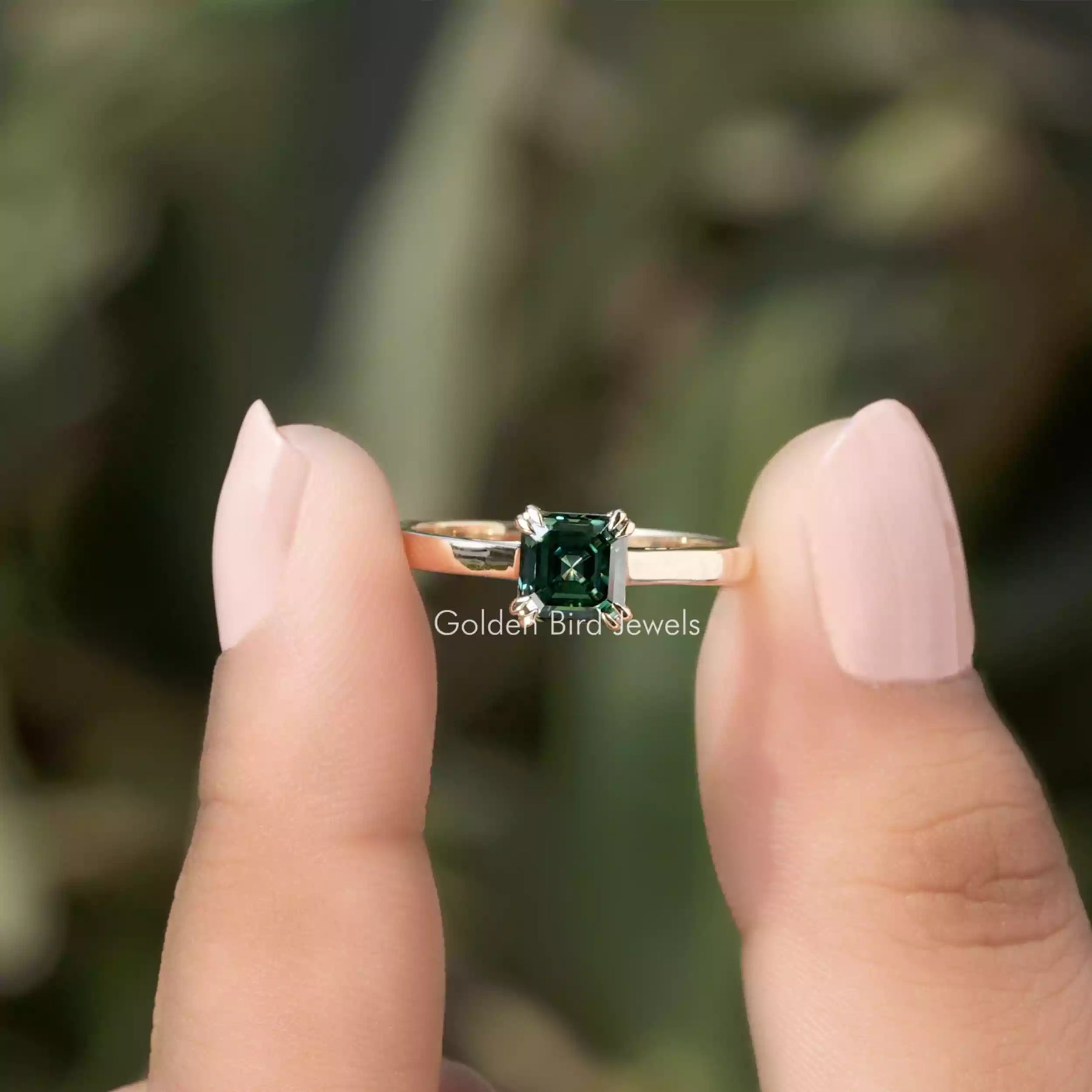 [1 Carat Green Asscher Cut Solitaire Moissanite Ring]-[Golden Bird Jewels]