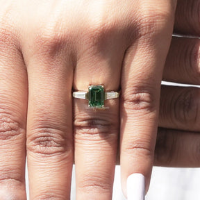 [Emerald And Tapper Baguette Moissanite Engagement Ring]-[Golden Bird Jewels]