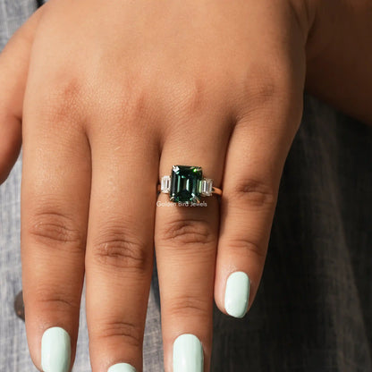 Detailed View Of Green Emerald Cut Moissanite Engagement Ring In White Gold