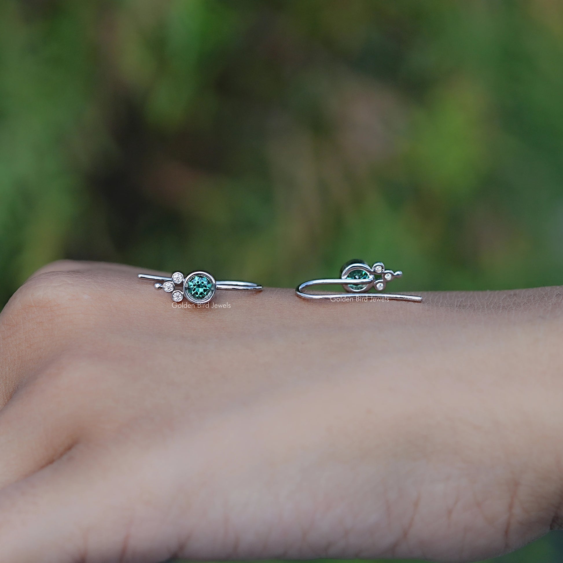 Front And Back Side View Of Green Round Moissanite Earwire Drop Earrings