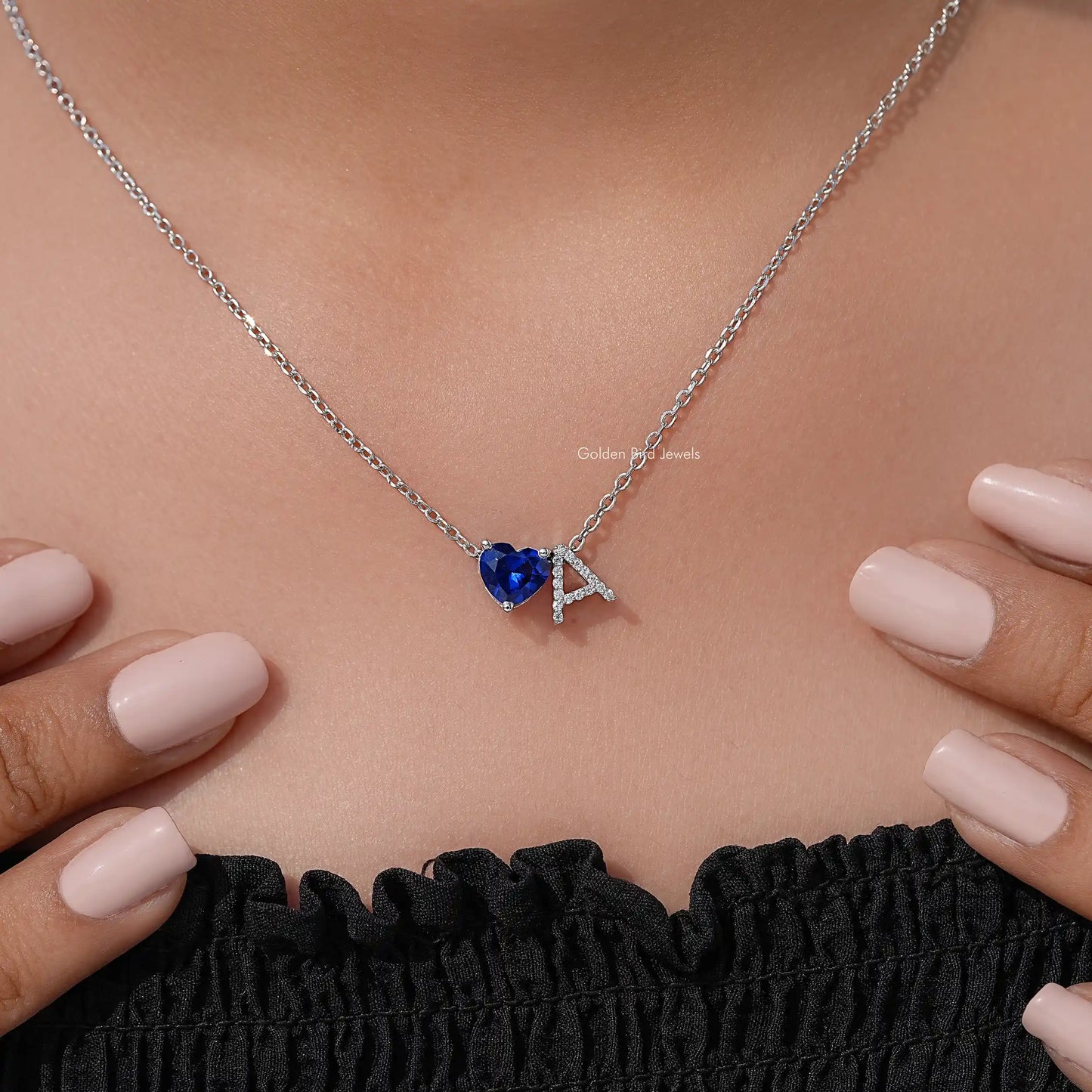 Heart Sapphire and Initial Letter Birthstone Pendant Necklace